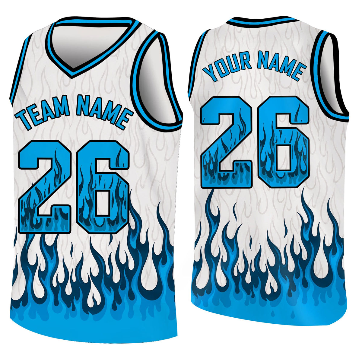 Custom basketball jersey in white with flame design, front view variant 8