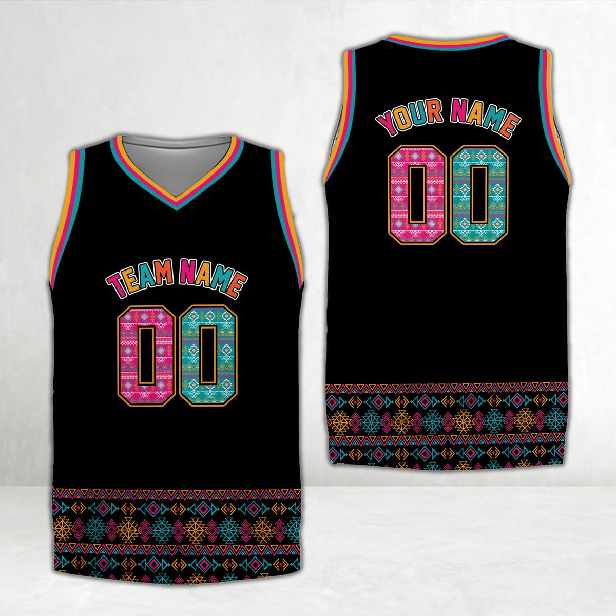 Black geometric native pattern basketball jersey, front view