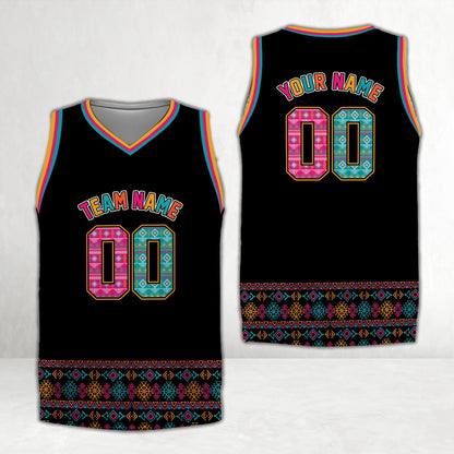 Black geometric native pattern basketball jersey, front view