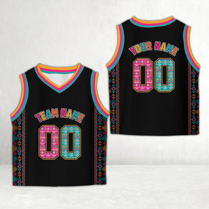 Black geometric basketball jersey with colorful trim, front view