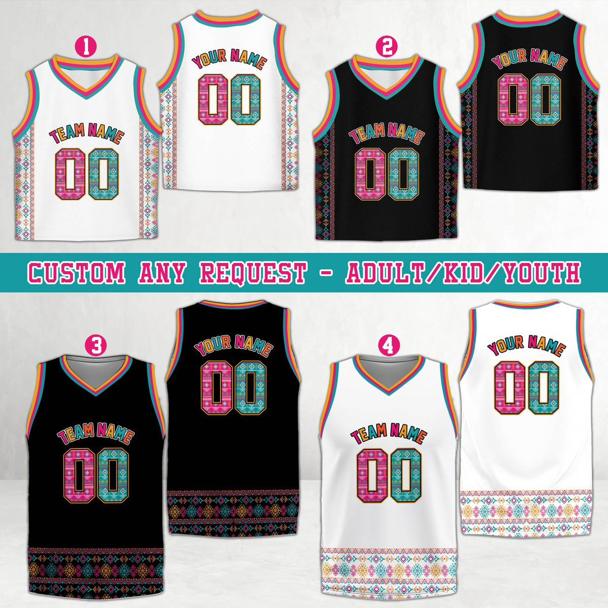 Multicolor geometric native pattern basketball jersey, front view