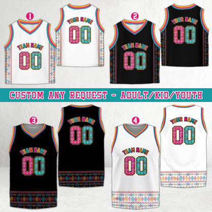 Multicolor geometric native pattern basketball jersey, front view