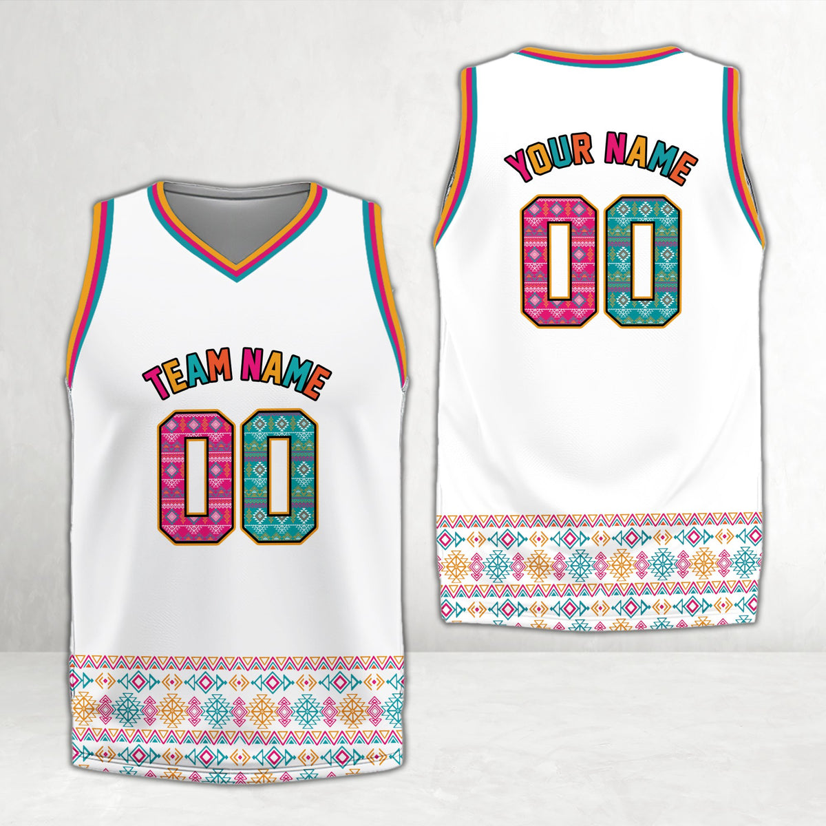 Personalized white geometric basketball jersey with custom name and number, main view