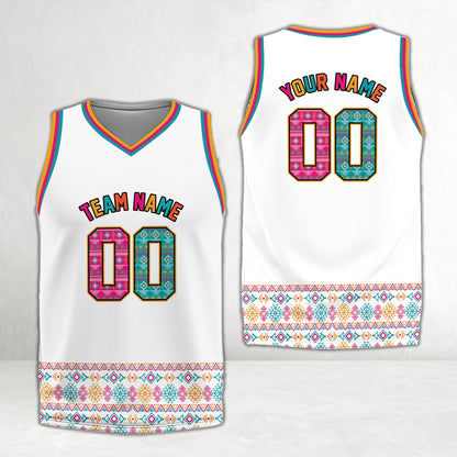 Personalized white geometric basketball jersey with custom name and number, main view
