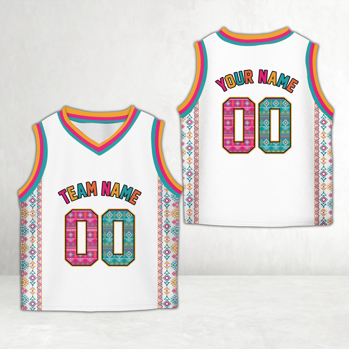 White geometric basketball jersey with custom name placeholder, front view