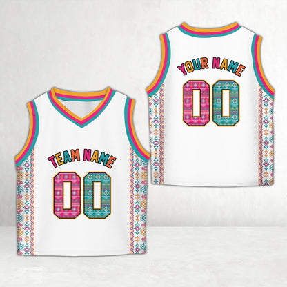 White geometric basketball jersey with custom name placeholder, front view