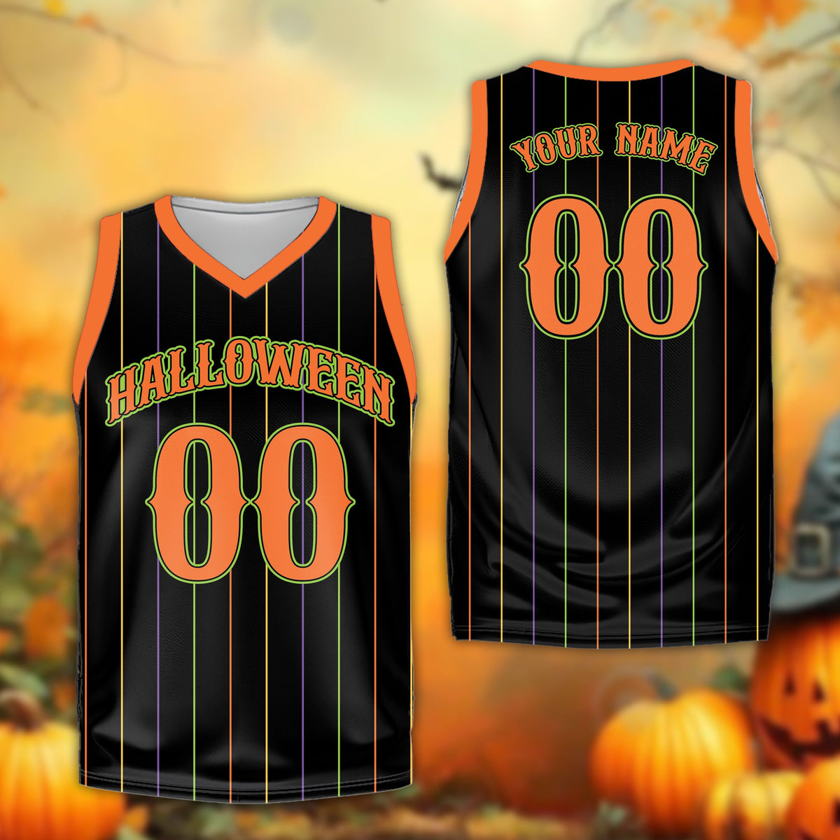 Personalized black halloween basketball jersey with custom name and number, front view