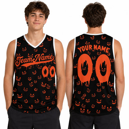 Black halloween basketball jersey featuring orange Jack-o'-lantern print and dripping font