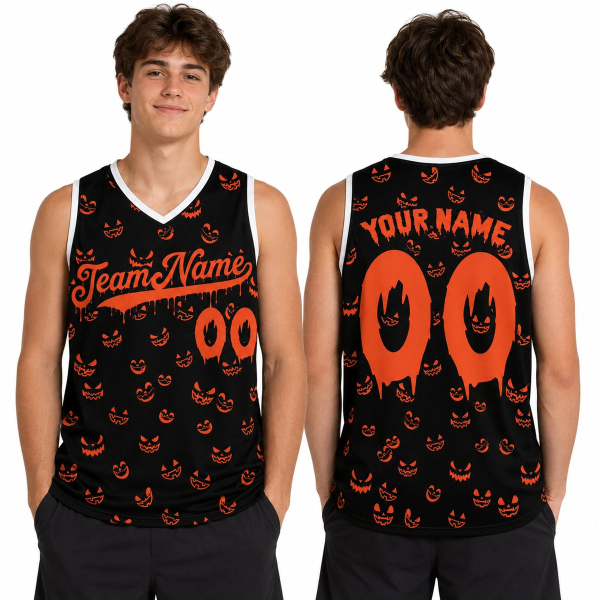 Personalized black halloween basketball jersey showing front custom number design
