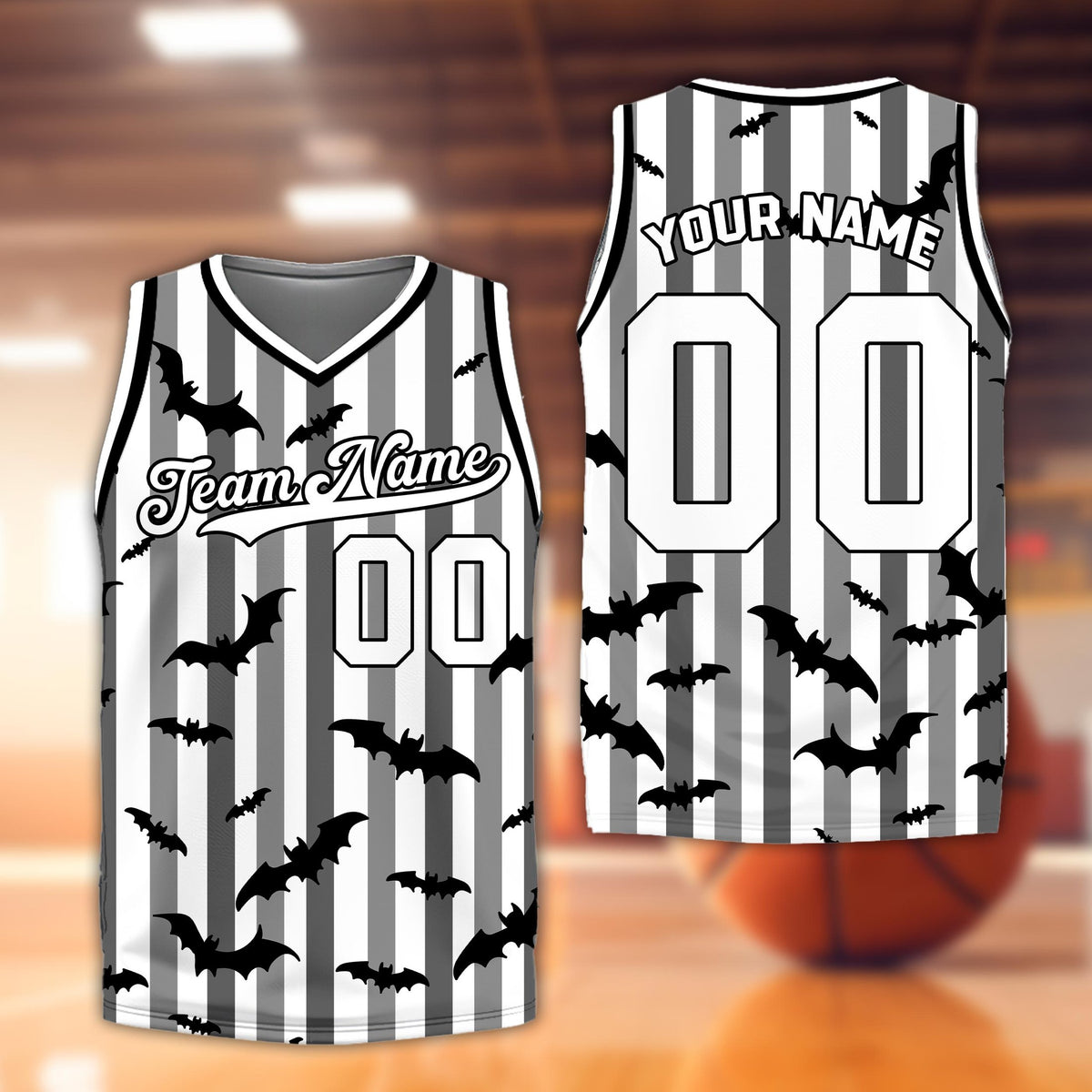 Black halloween basketball jersey with custom name and number, front view