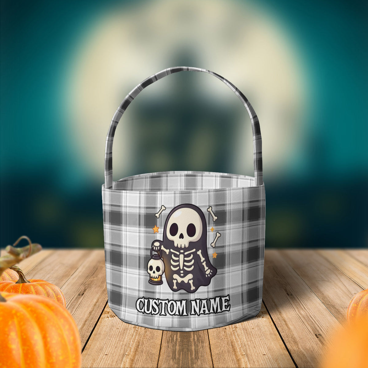 Spooky Halloween characters on grey and white plaid background