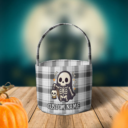 Spooky Halloween characters on grey and white plaid background