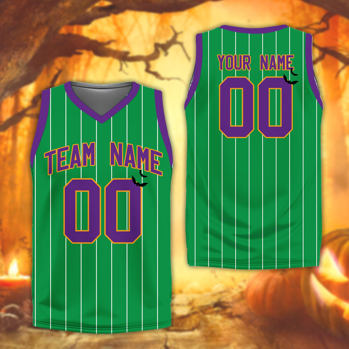 Green accented halloween basketball jersey with custom name and number placeholders, front view