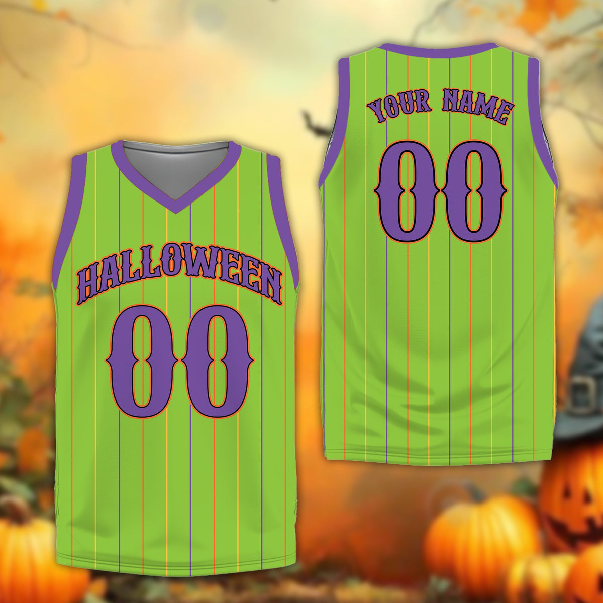 Personalized green halloween basketball jersey, front view