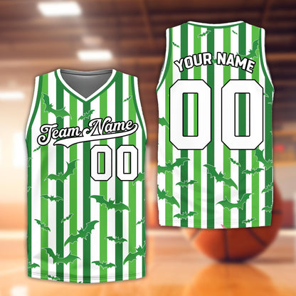 Green halloween basketball jersey with custom name and number, front view