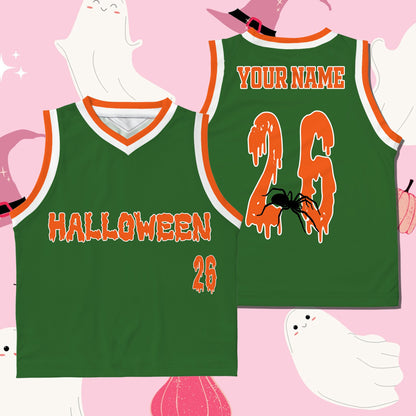 Front view of green halloween basketball jersey.