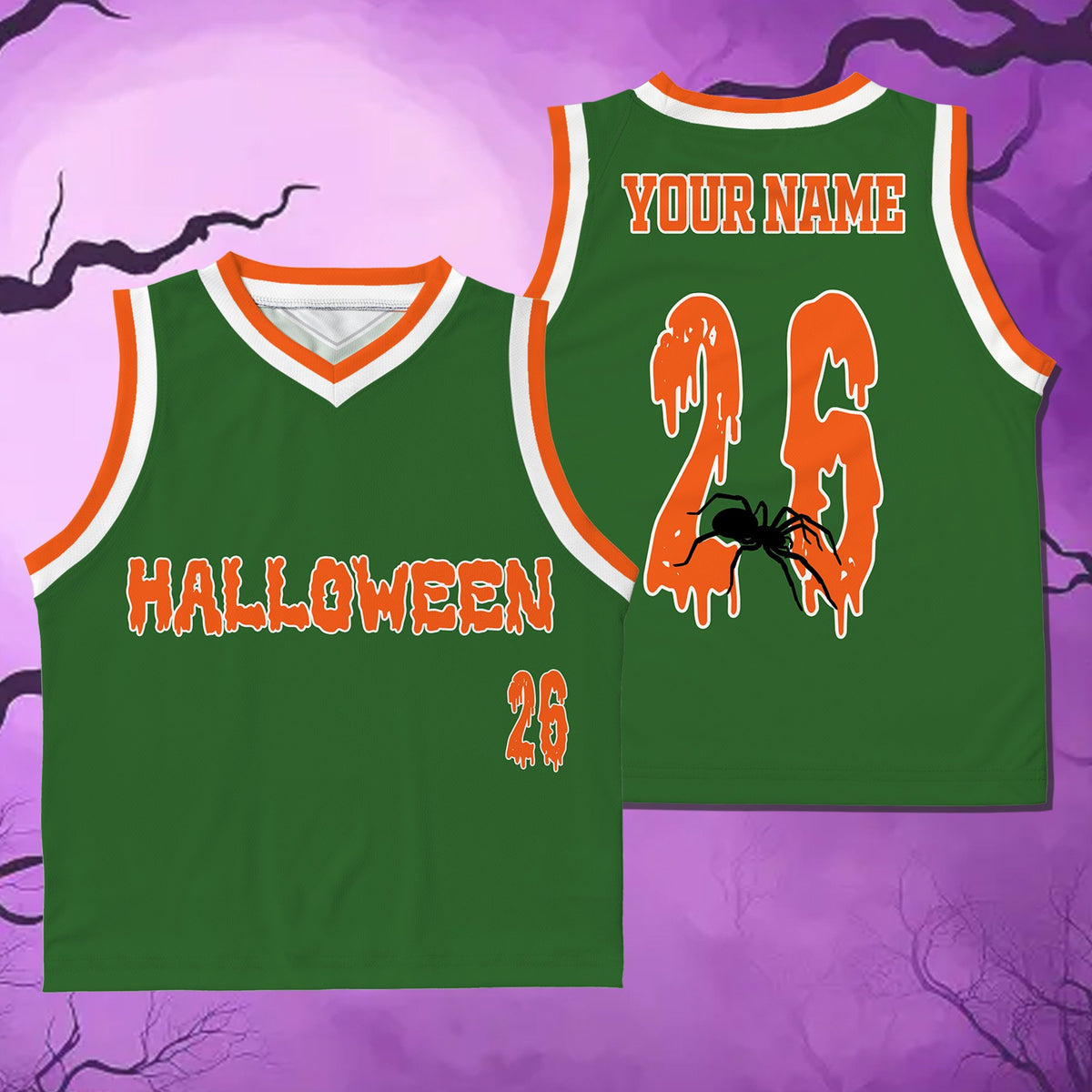 Another front view of green halloween basketball jersey.