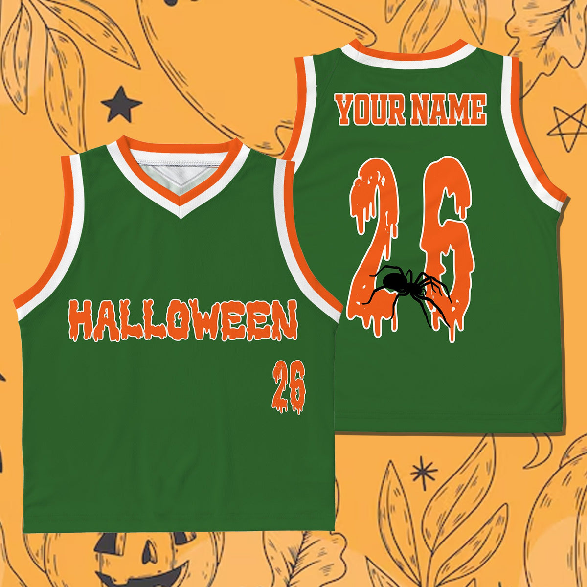 Close up front view of green halloween basketball jersey.