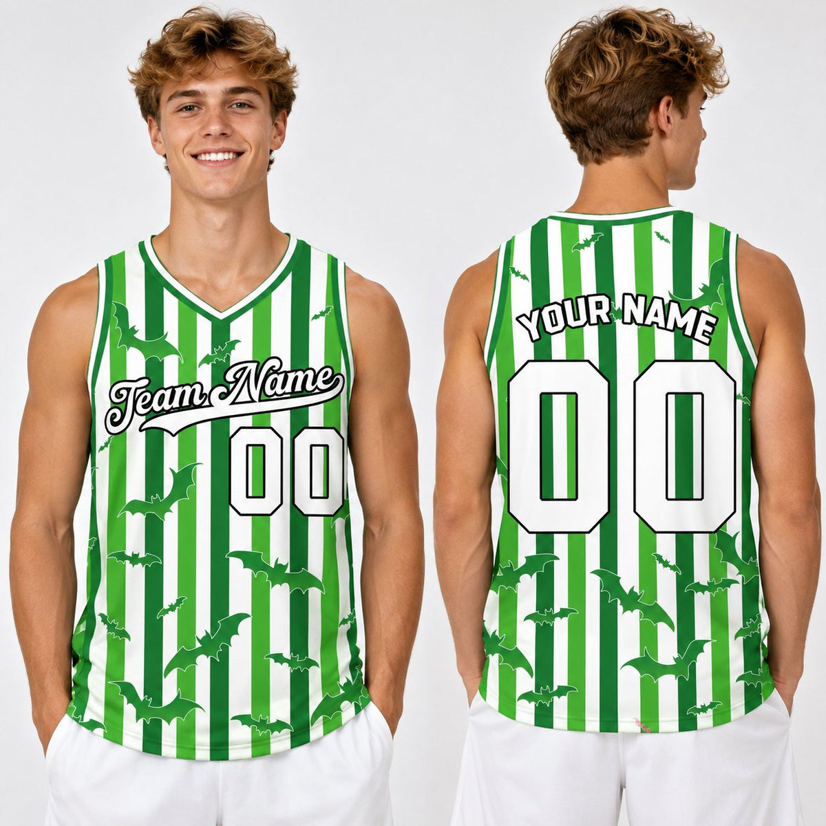 Lifestyle view of a person wearing the green halloween basketball jersey