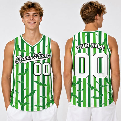 Lifestyle view of a person wearing the green halloween basketball jersey