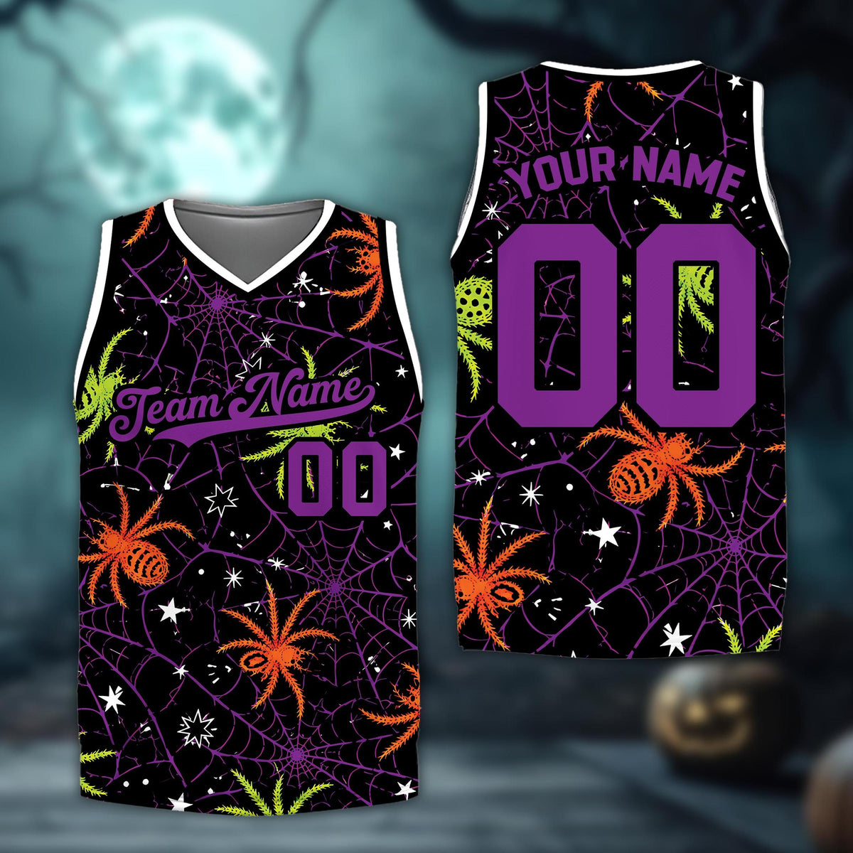 Front view of black halloween basketball jersey featuring purple and orange spiderwebs