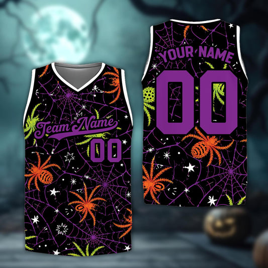 Personalized halloween basketball jersey with custom name and colorful spiderweb design, front view