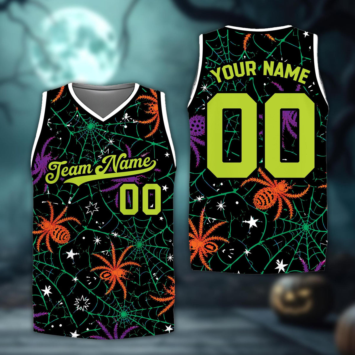 Close up of personalized custom name basketball jersey with halloween print