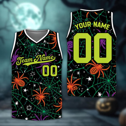Close up of personalized custom name basketball jersey with halloween print