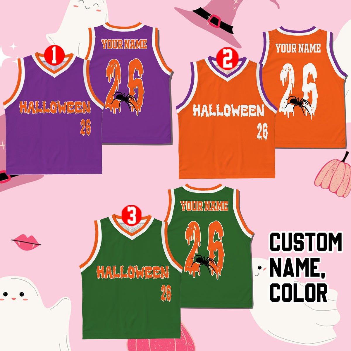 Another front view of multicolor halloween basketball jersey.