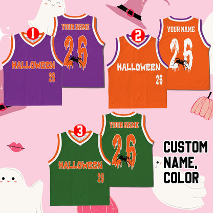 Another front view of multicolor halloween basketball jersey.