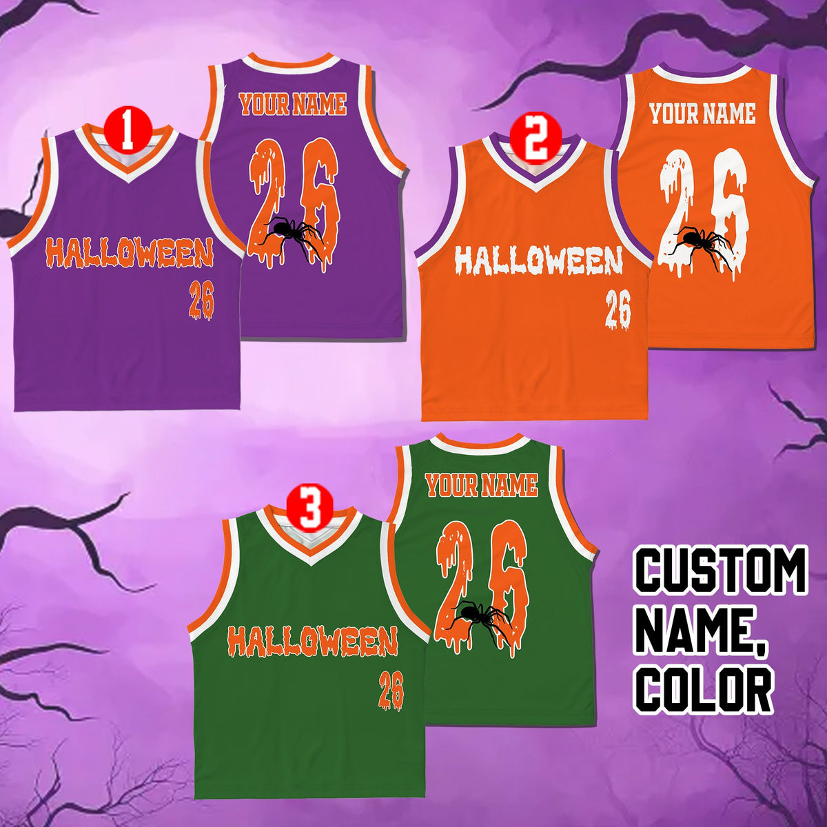 Close up front view of multicolor halloween basketball jersey.