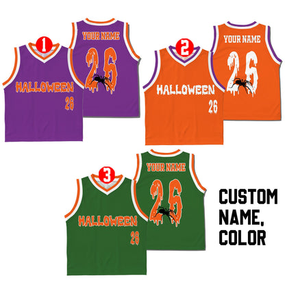 Additional front view of multicolor halloween basketball jersey.
