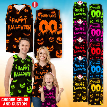 Detail front view showing the neon glowing pumpkin design.