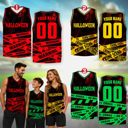 Front view of personalized abstract basketball jersey with blood-splatter and caution tape