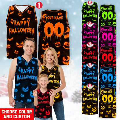 Front detail of the custom halloween basketball jersey with dripping font.