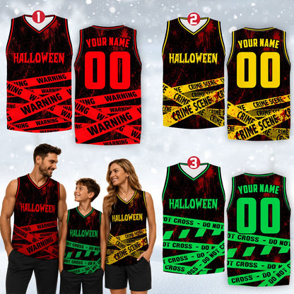 Side angle view of personalized Halloween basketball jersey