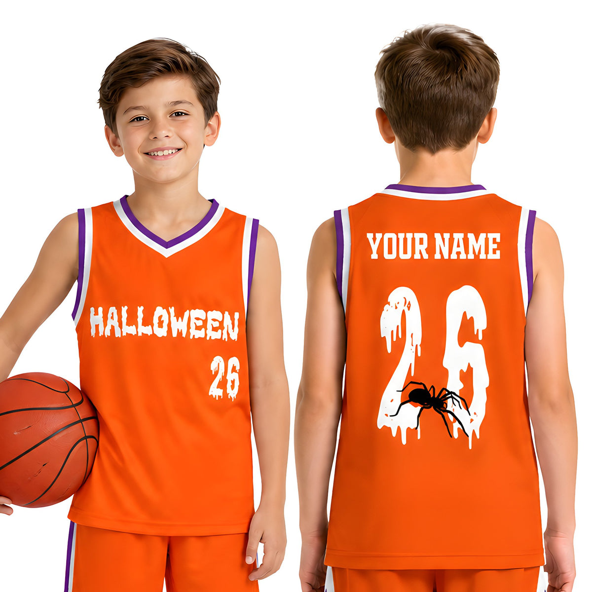 Back view of orange personalized basketball jersey showing custom name and number with spider graphic.