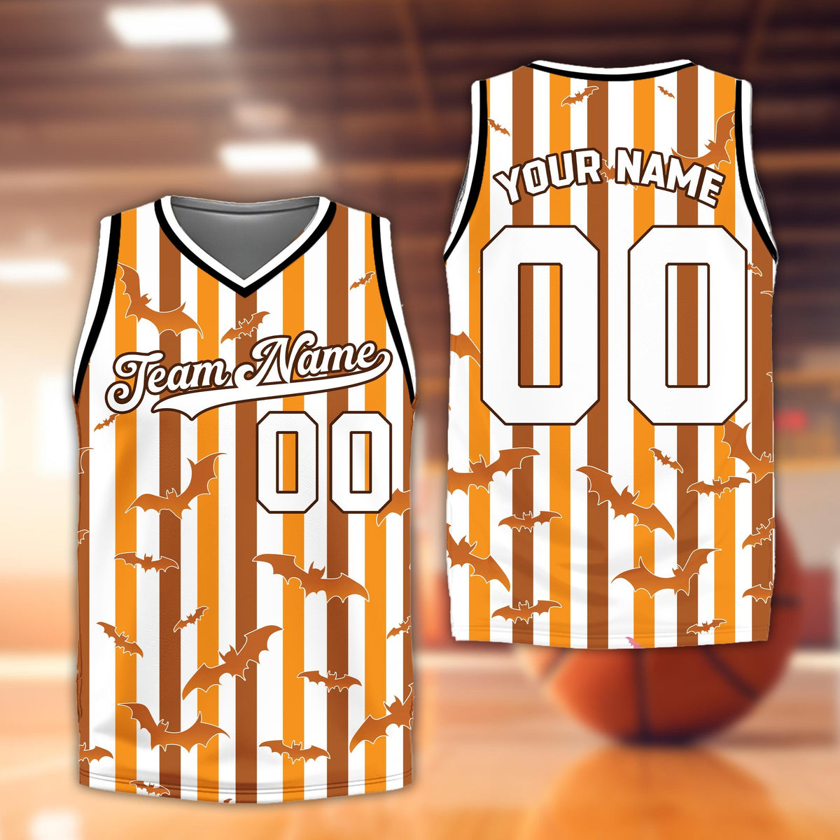 Orange and black halloween basketball jersey featuring bat silhouettes, main view