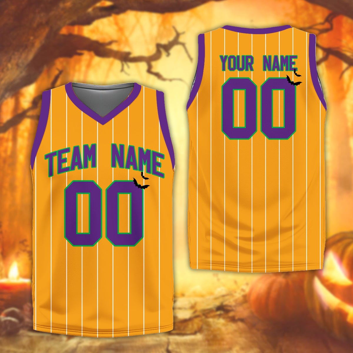 Custom basketball jersey featuring an orange Halloween pumpkin background and bats, front view