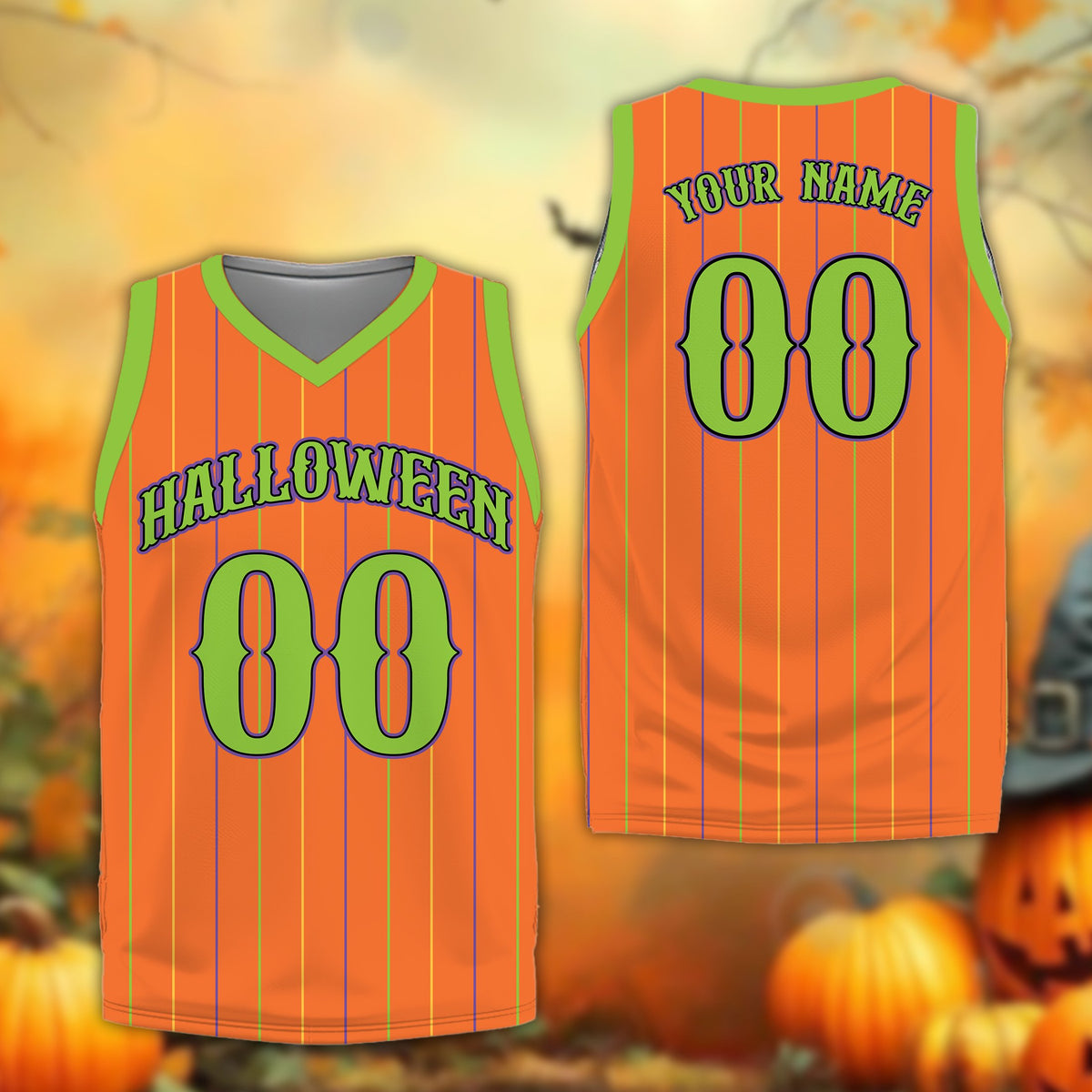 Personalized orange halloween basketball jersey, front view