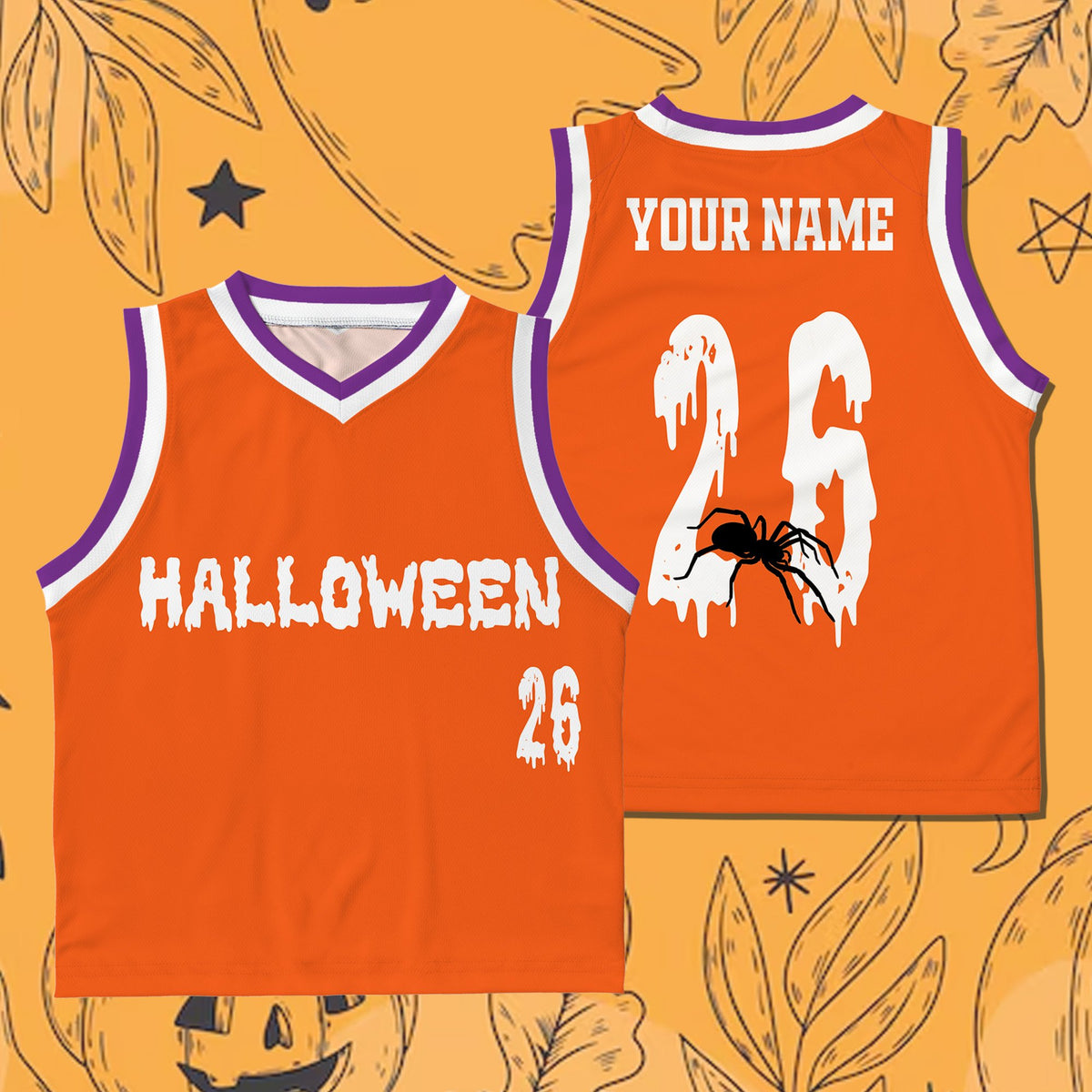 Front view of orange halloween basketball jersey.