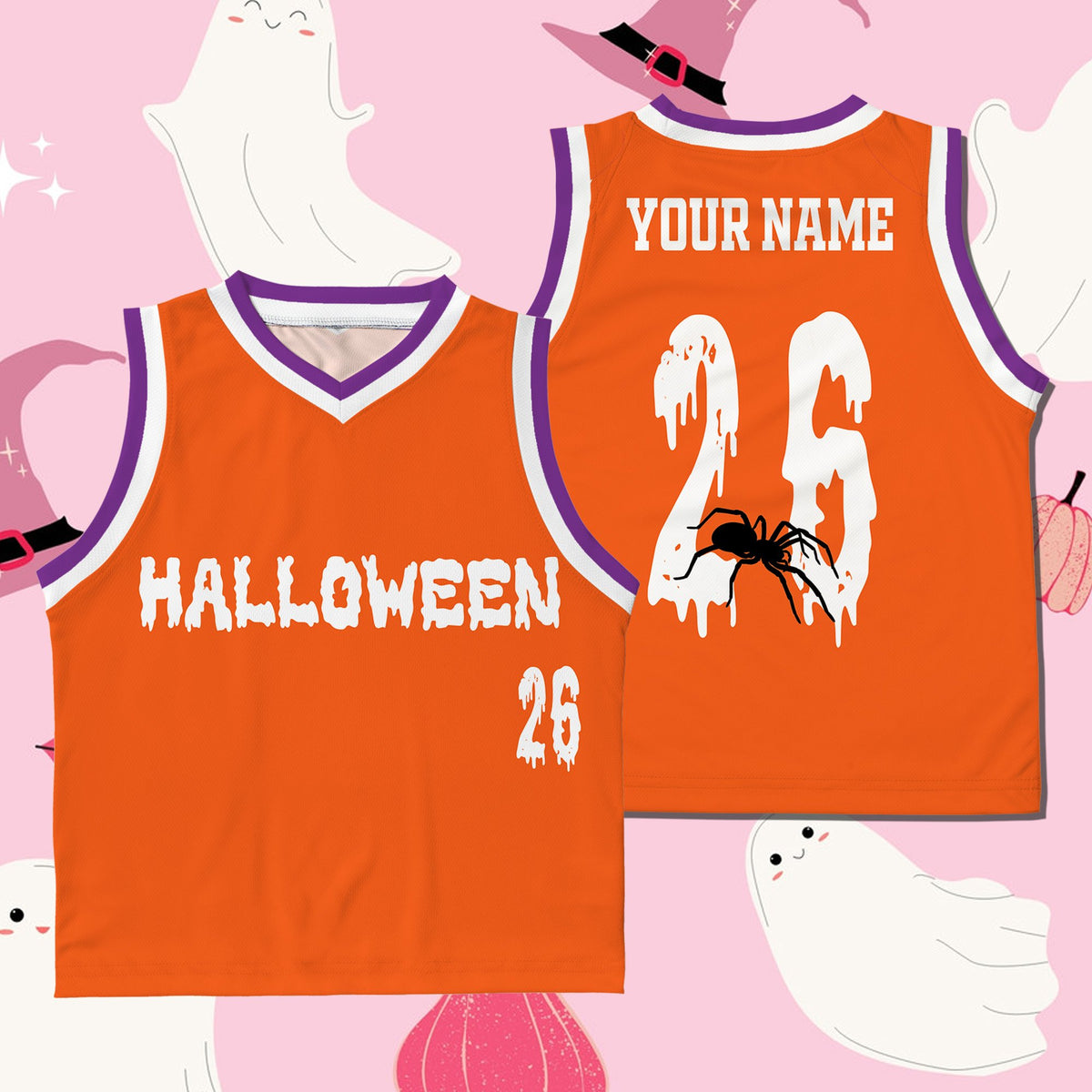 Main view of personalized basketball jersey halloween design in orange with custom text.