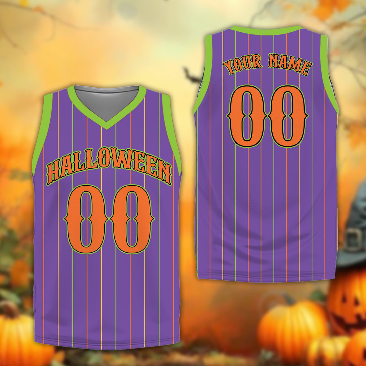 Personalized purple halloween basketball jersey with stripes, front view