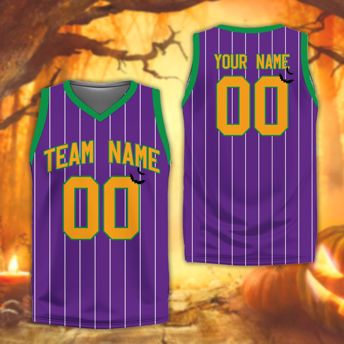 Purple themed personalized basketball jersey with spooky bat details, front view