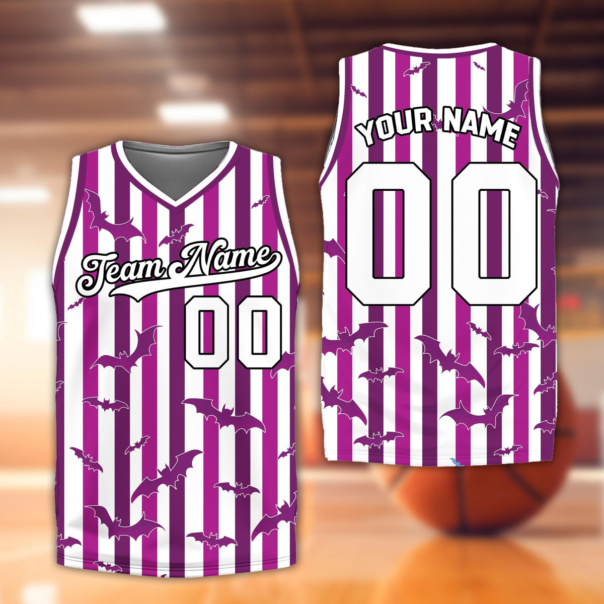 Purple halloween basketball jersey with bat silhouettes, front view
