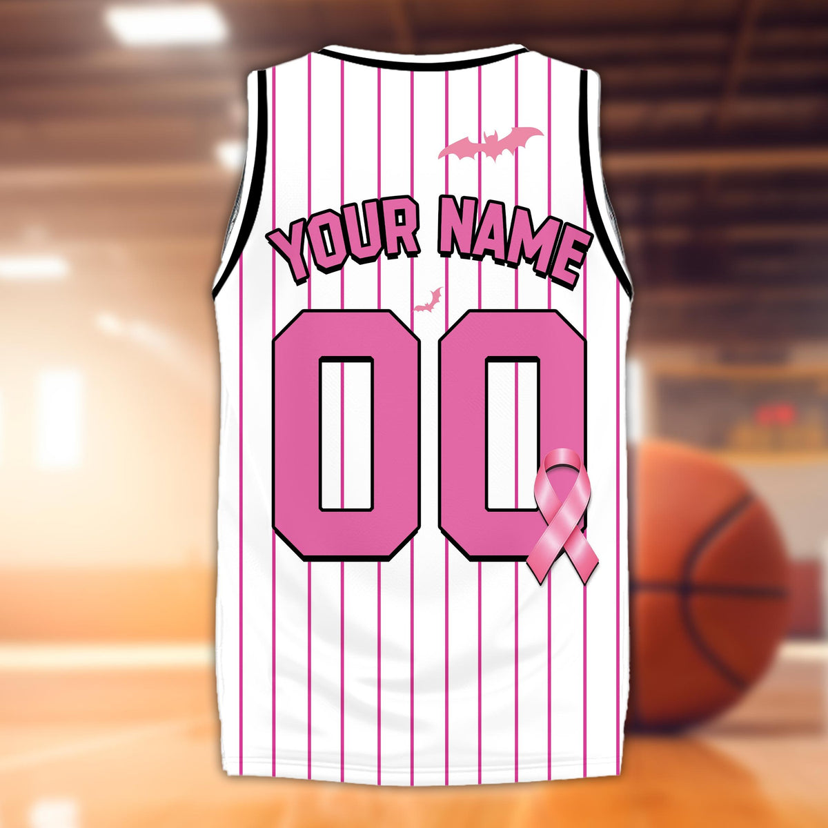 Back view of the custom basketball jersey showing custom name, number, and awareness ribbon