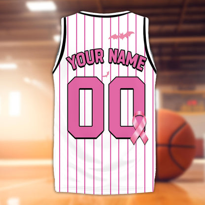 Back view of the custom basketball jersey showing custom name, number, and awareness ribbon
