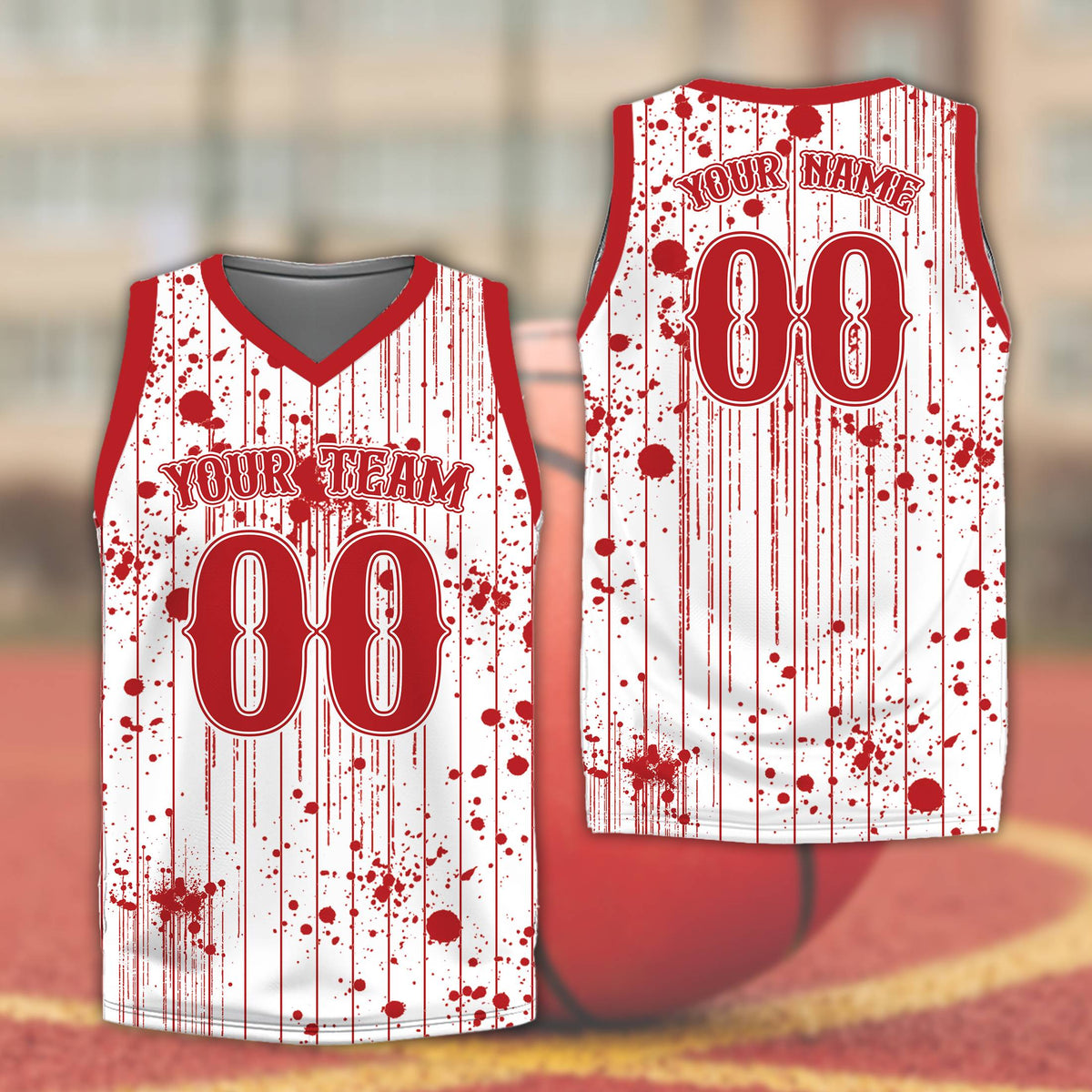 White halloween basketball jersey with red blood splatter design, personalized custom name and number, main view