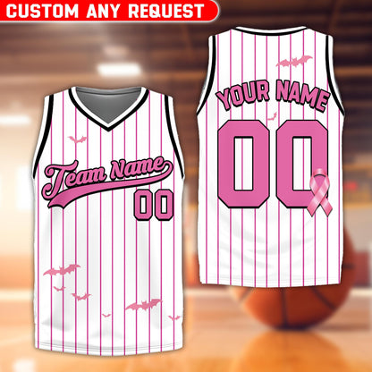 Personalized white and pink stripes basketball jersey with bats, main view