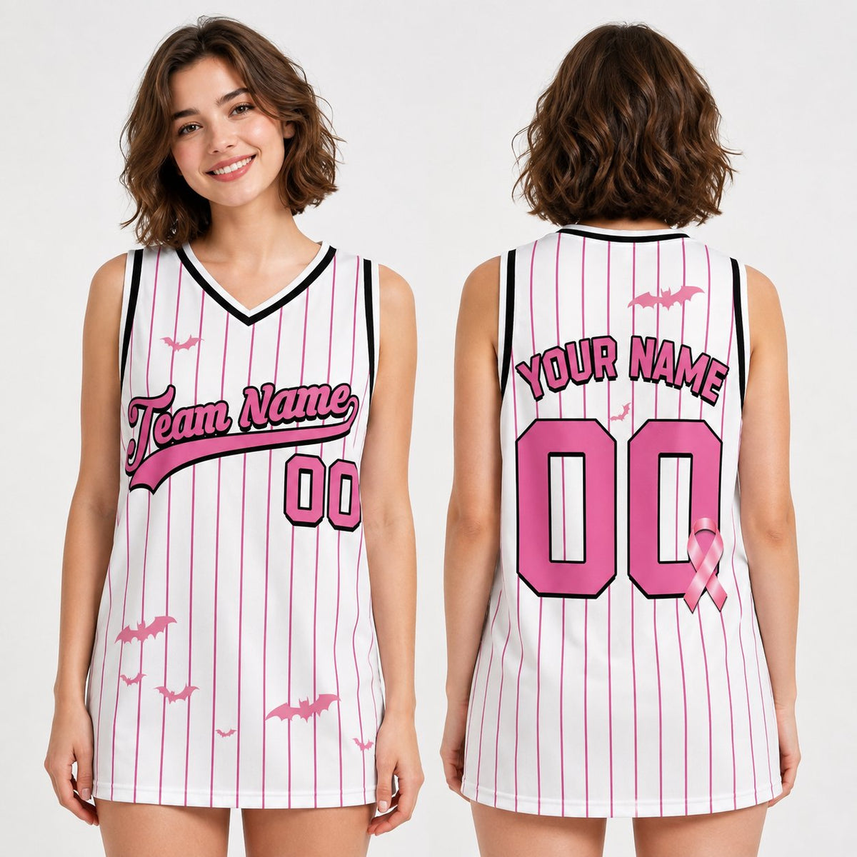 Lifestyle view of the personalized white and pink halloween basketball jersey